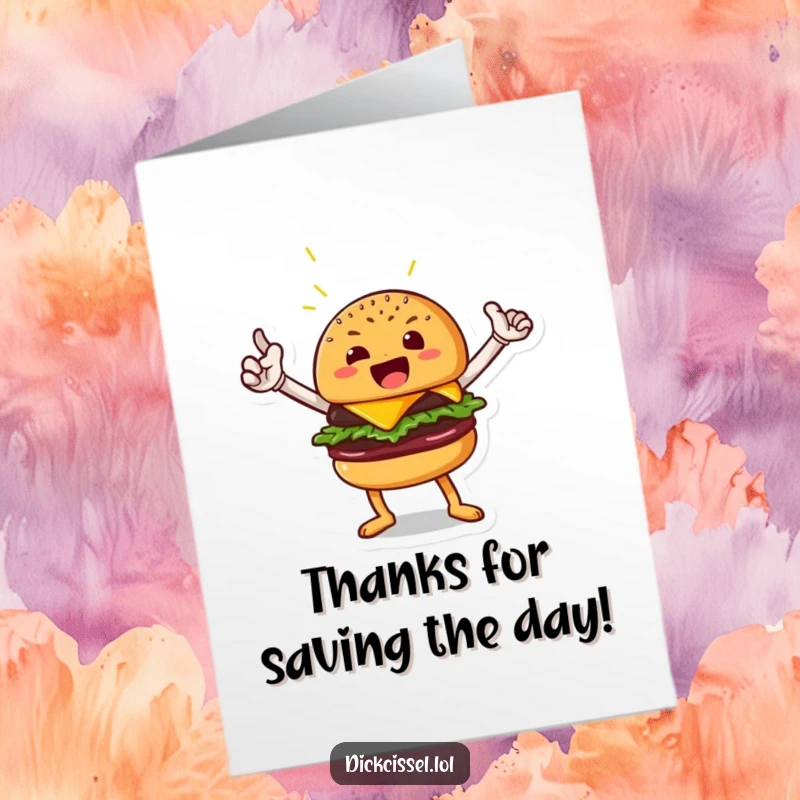 Funny Free Printable Thank You Card featuring a beaming burger character in a strong heroic stance, ideal for a downloadable thank you.