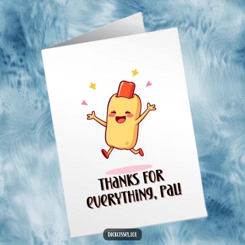 Funny Free Printable Thank You Card showing a smiling hot dog doing a happy celebratory jump, perfect for a DIY thank you.