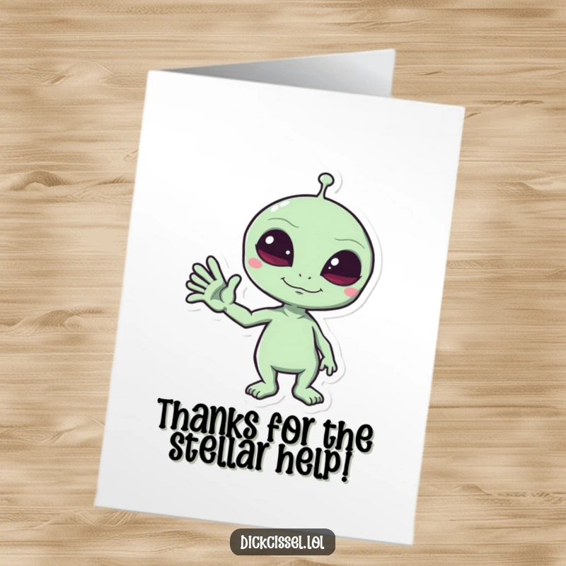 Funny Free Printable Thank You Card: Mischievous alien sticker gives a funny wave, expressing thanks from afar. A humorous and downloadable message.
