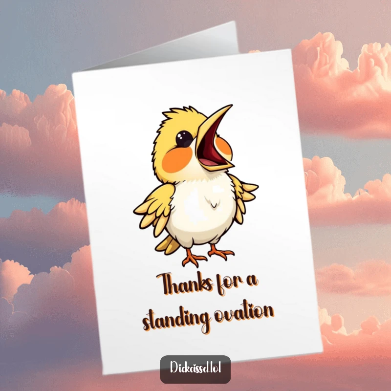 Funny Free Printable Thank You Card with a bird mimicking an opera singer, beak wide open, expressing thanks with dramatic flair.