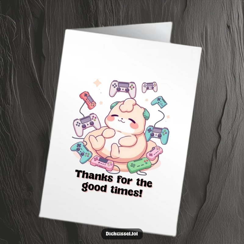 Funny Free Printable Thank You Card: Creature relaxing surrounded by floating game controllers, offering thanks with a smile.