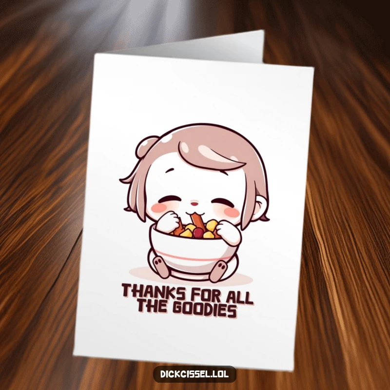 Funny Free Printable Thank You Card: A character stuffing its cheeks with snacks from a bowl, expressing thanks.