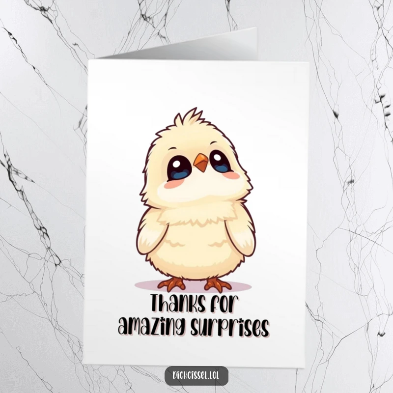 Funny Free Printable Thank You Card with a fluffy bird tilting its head up, eyes wide with wonder, expressing deep gratitude.