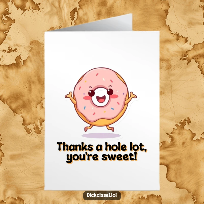 Funny Free Printable Thank You Card of a cheerful doughnut character doing a happy jig, showing appreciation.