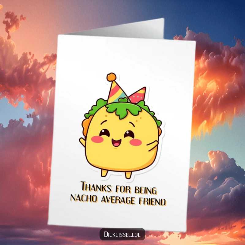 Funny Free Printable Taco Thank You Card: Joyful taco character in a party hat, celebrating gratitude, downloadable art.