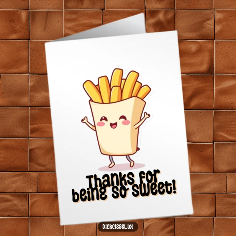 Funny Free Printable Thank You Card showing a cheerful french fry character in a delightful grand twirl, perfect for a DIY thank you.
