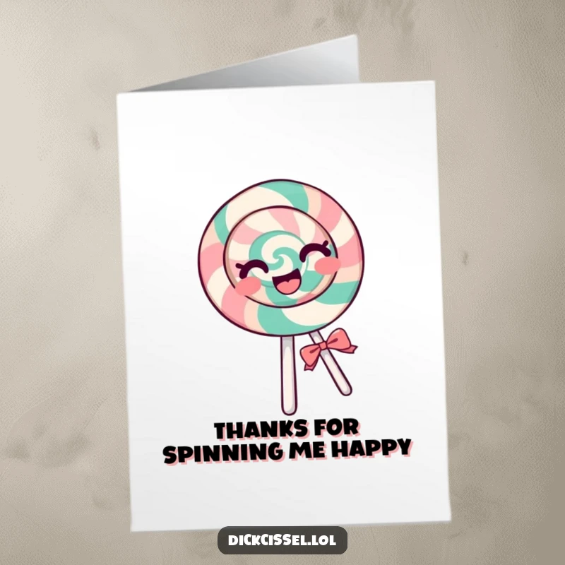 Funny Free Printable Thank You Card: A cheerful lollipop spins around, bursting with thanks and pure glee.