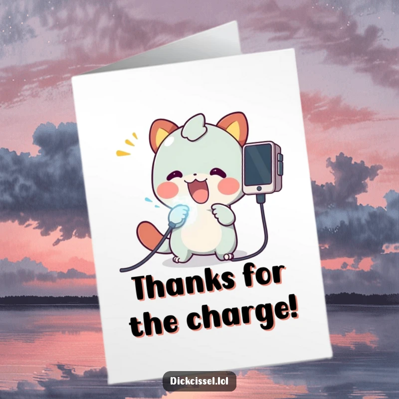 Funny Free Printable Thank You Card: Creature plugging a glowing cable into a device, signifying a connection of gratitude.