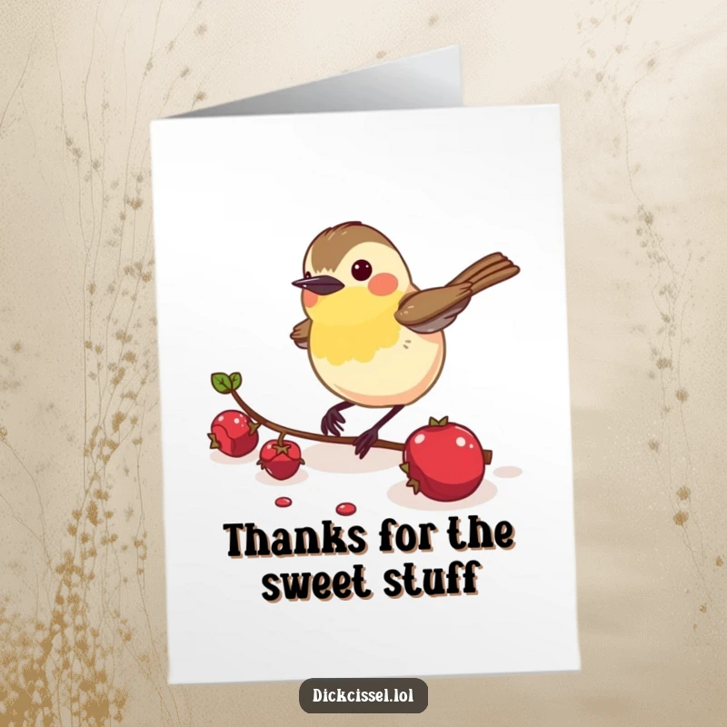 Funny Free Printable Dickcissel Thank You Card: A bird energetically pecking a berry, symbolizing a zealous expression of thanks.
