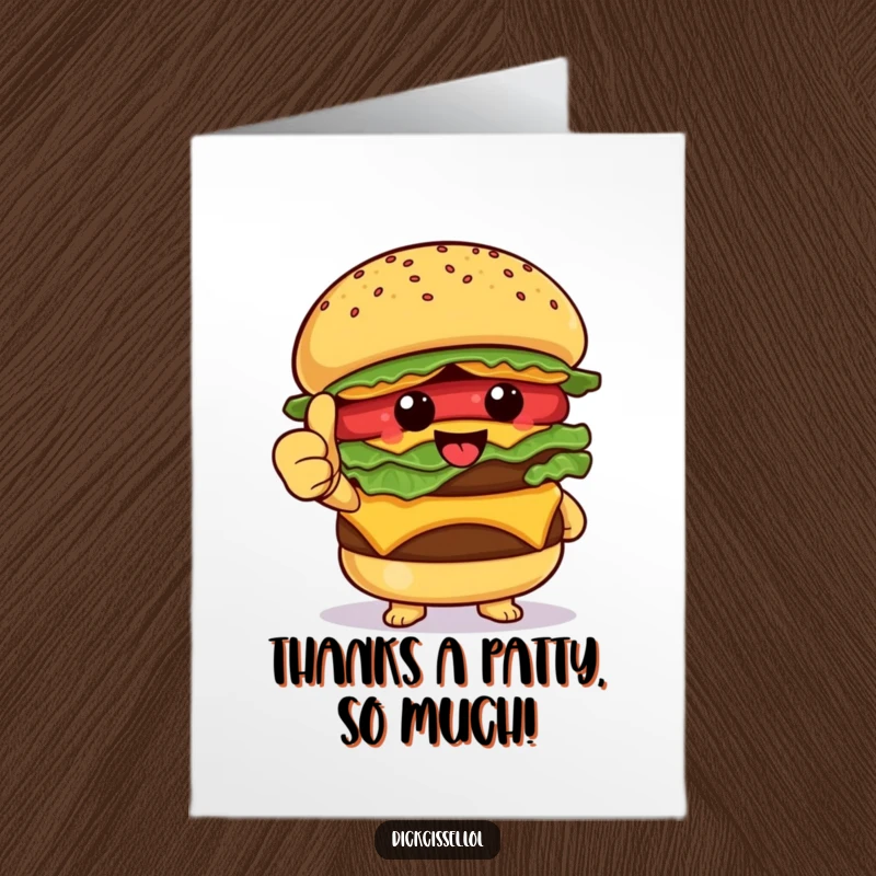 Funny Free Printable Thank You Card featuring a happy burger character giving a thumbs up, perfect for showing appreciation.