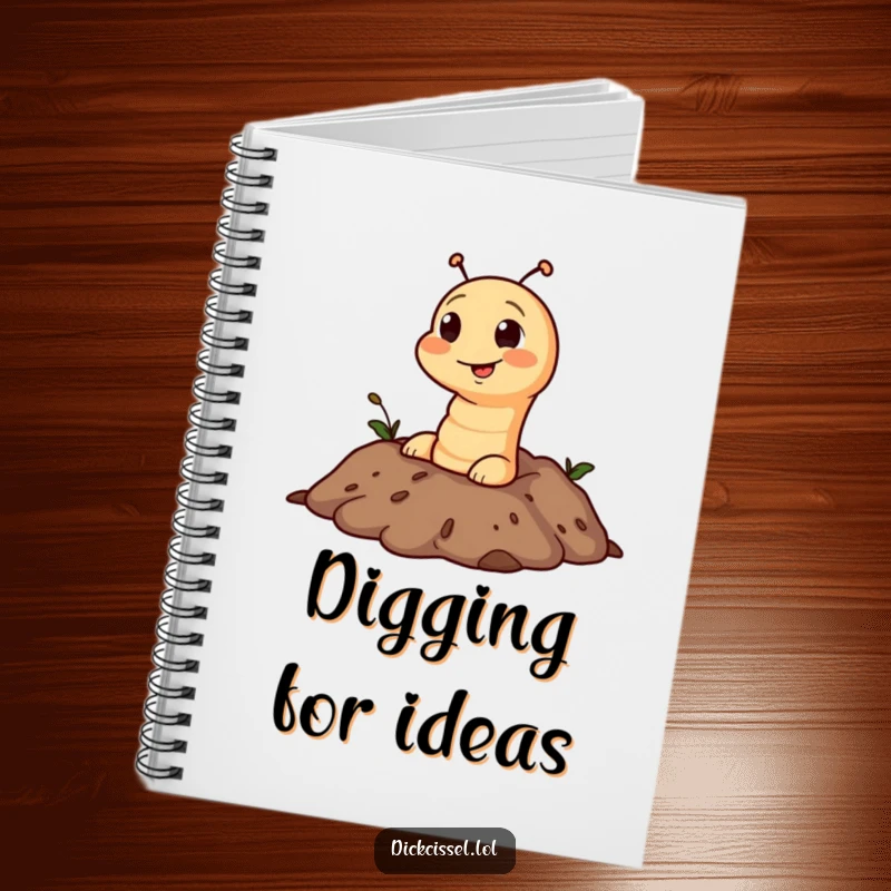 Funny notebook featuring a mischievous worm character emerging from a soil background, ideal for journaling.