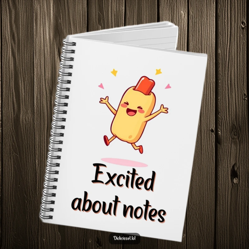 Funny notebook featuring a smiling hot dog character doing a celebratory jump, perfect for journaling and happy notes, a fun funny gift.