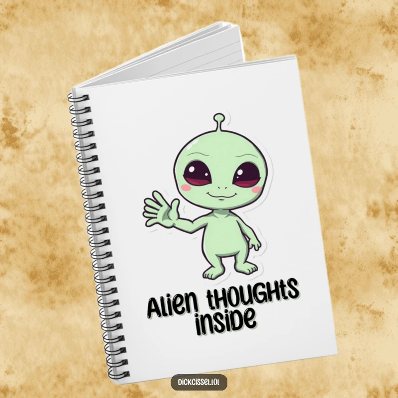 Funny Notebook with a mischievous alien giving a funny wave on the cover, perfect for jotting down space-themed notes.