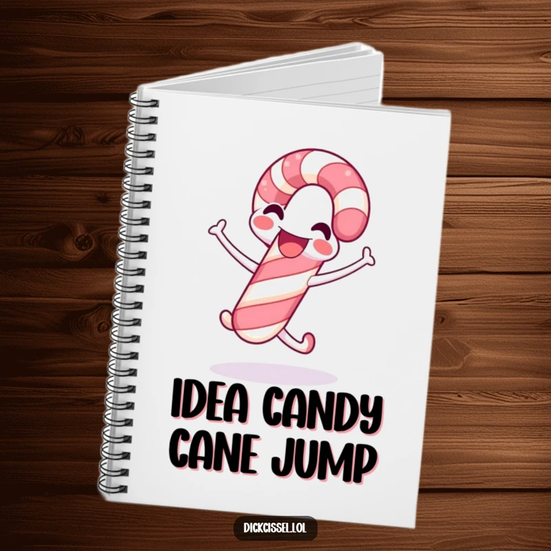Funny candy cane notebook with a smiling candy cane jumping joyfully, ideal for capturing festive ideas and daily notes.
