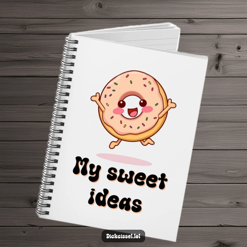 Funny cheerful donut notebook with a happy, sprinkled donut in a playful leap, perfect for jotting down ideas.