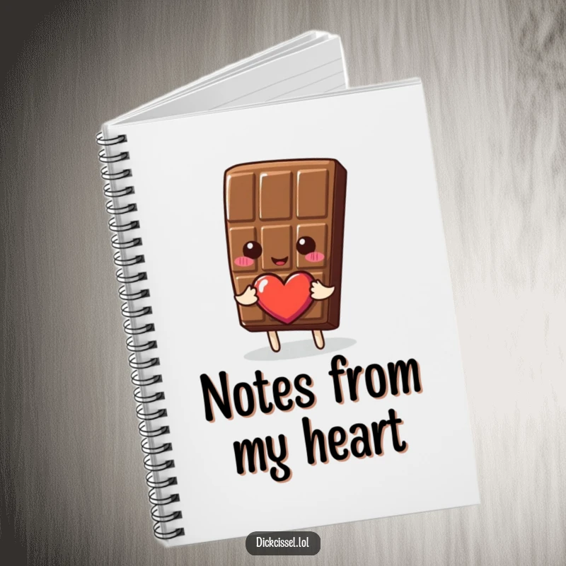 Funny Notebook cover featuring a kind chocolate bar presenting a heart, symbolizing love, inspiration, and thoughtful messages.