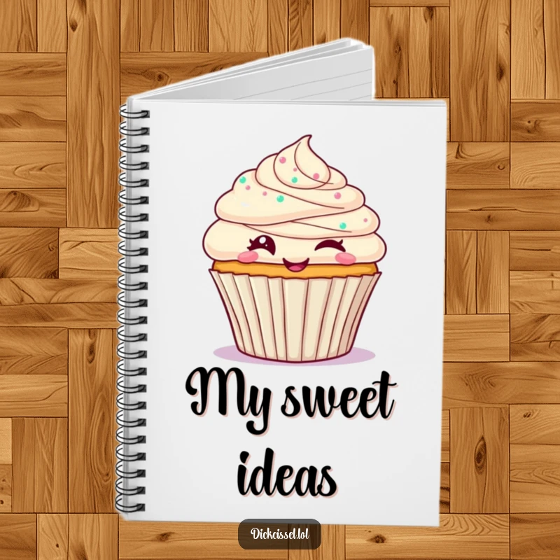 Funny cupcake notebook with a frosted cupcake character winking playfully, perfect for jotting down sweet ideas and daily musings.