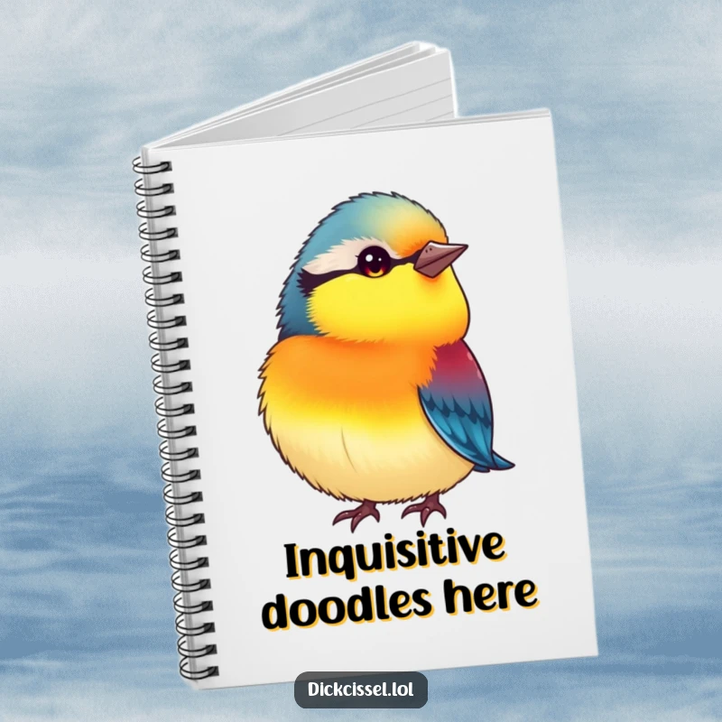 Funny notebook featuring a small, plump bird with vibrant colors, tilting its head inquisitively, inspiring note-taking with humor.