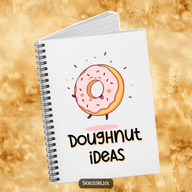 Funny Notebook featuring a sweet donut joyfully doing a cartwheel, with flying sprinkles, perfect for jotting ideas.
