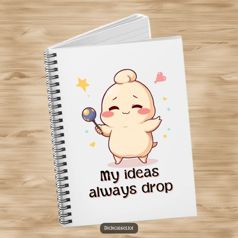 Funny winking dumpling character failing at juggling on a notebook cover, inspiring funny notes.