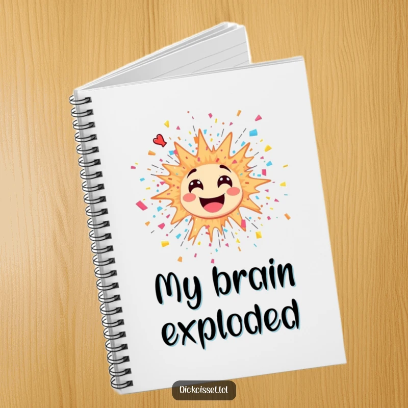 Funny notebook cover with a sticker depicting a joyful explosion and confetti bursting outwards, perfect for note-taking.