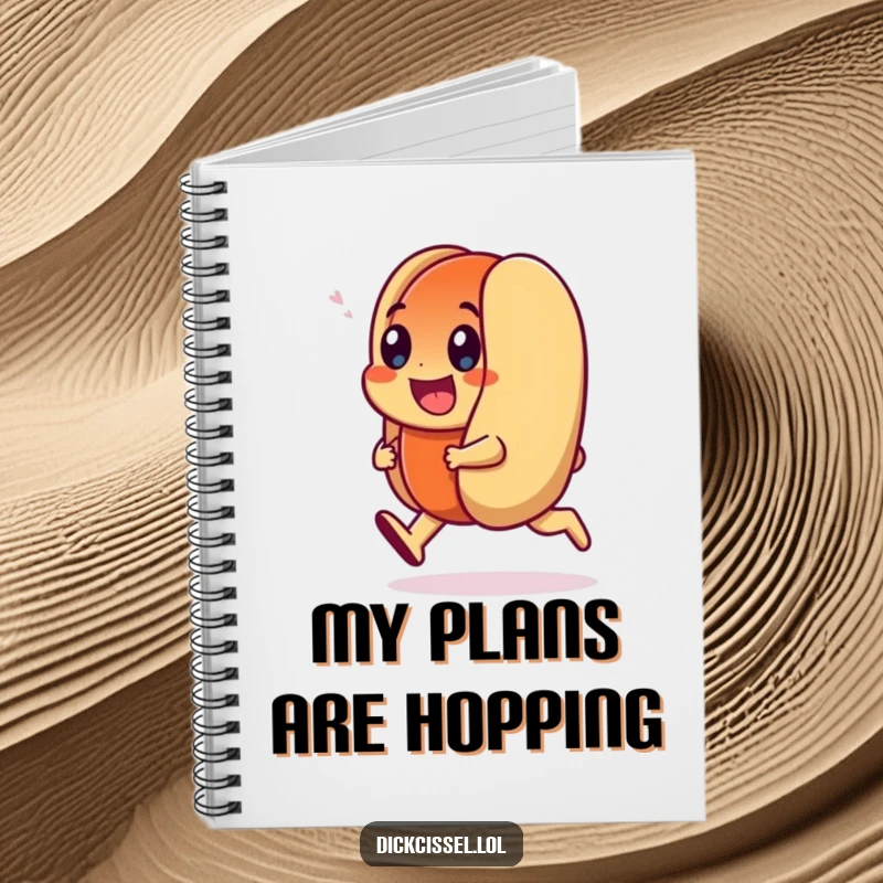 Funny Notebook featuring a smiling hot dog character doing a happy trot, ideal for jotting down notes with a playful, humorous touch.