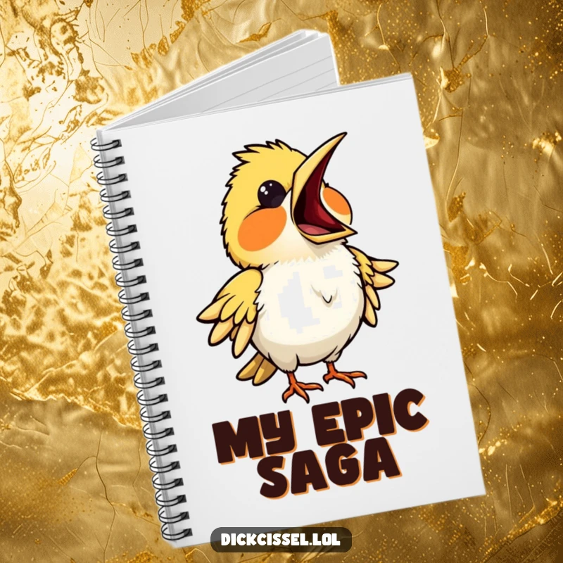 Funny notebook with a bird performing opera, beak wide open, inspiring creative writing. Stationery item.