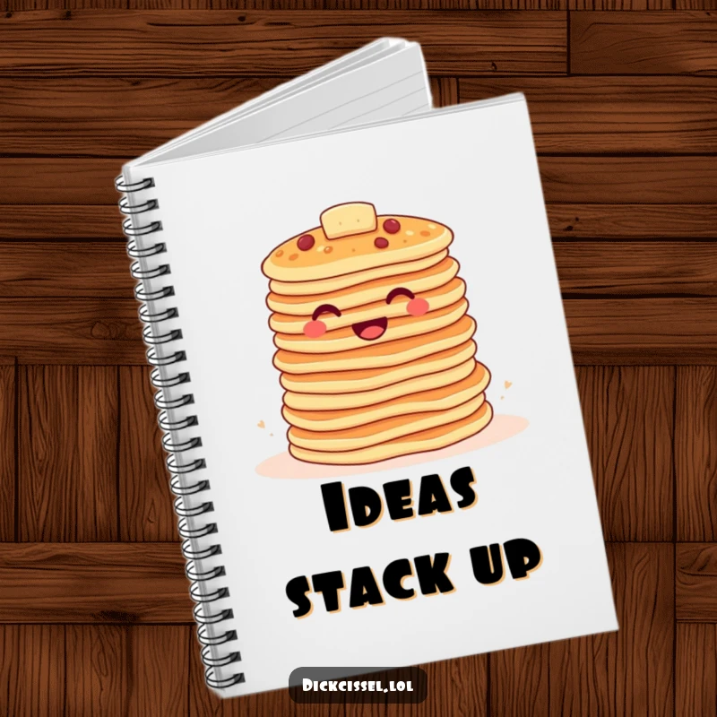 Funny pancake notebook featuring a stack of happy pancakes bouncing together, perfect for note-taking with breakfast cheer and humor.