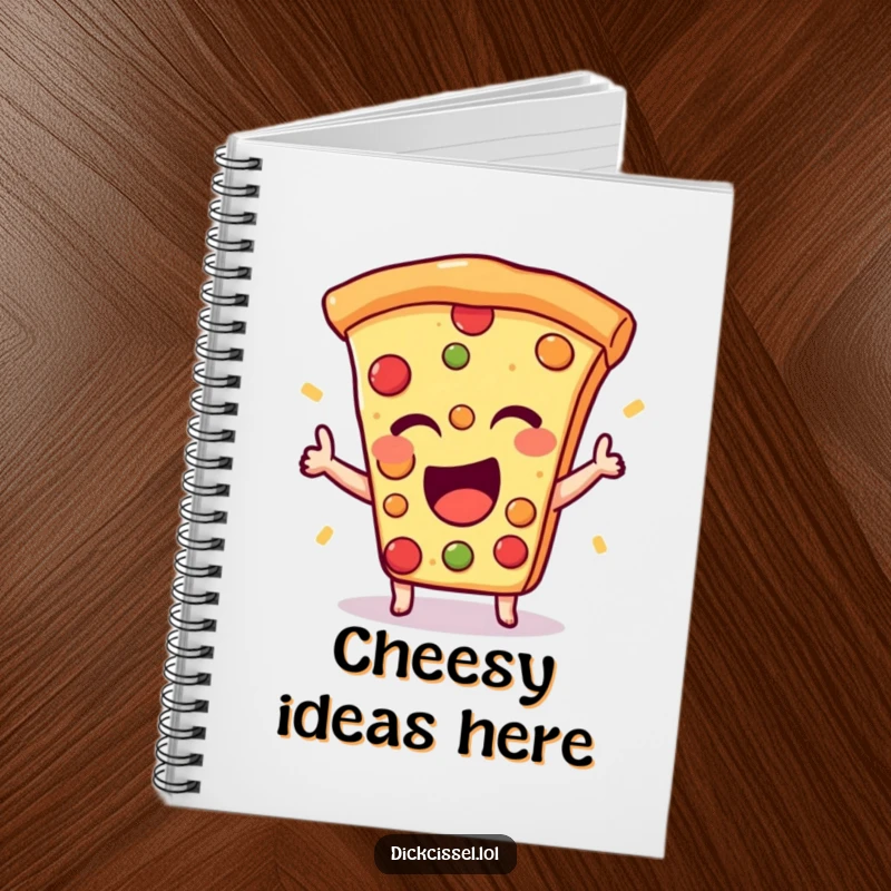Funny notebook featuring an excited pizza slice giving a happy wink, perfect for jotting down notes with humor.
