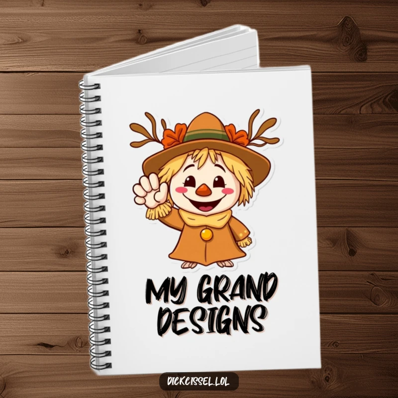Funny notebook featuring a smiling scarecrow character waving a welcoming hand, ideal for jotting down ideas.