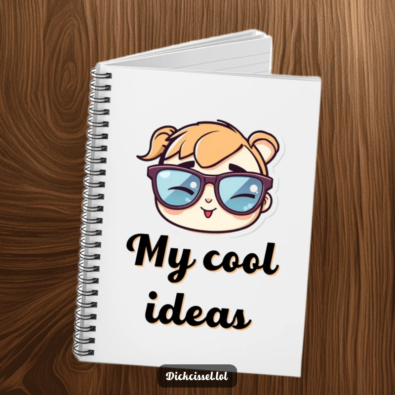 Funny notebook cover with a sticker of cool sunglasses winking cheekily, perfect for note-taking with style.