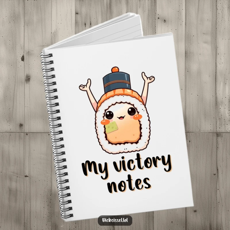 Funny sushi celebration notebook showcasing a sushi roll in a party hat, arms raised in celebration, perfect for journaling.