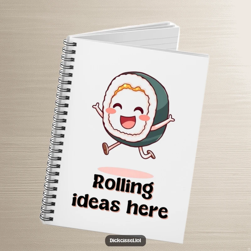 Funny notebook featuring a smiling sushi roll in a playful leap, perfect for jotting down notes with humor.