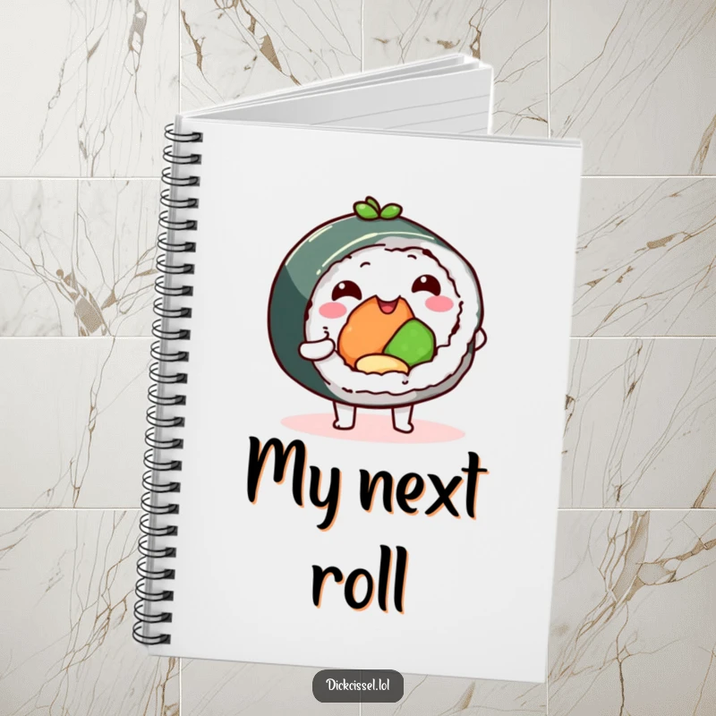 Funny sushi roll notebook, happy character offering a delicious bite, perfect for journaling or note-taking. A fun and functional stationery item.