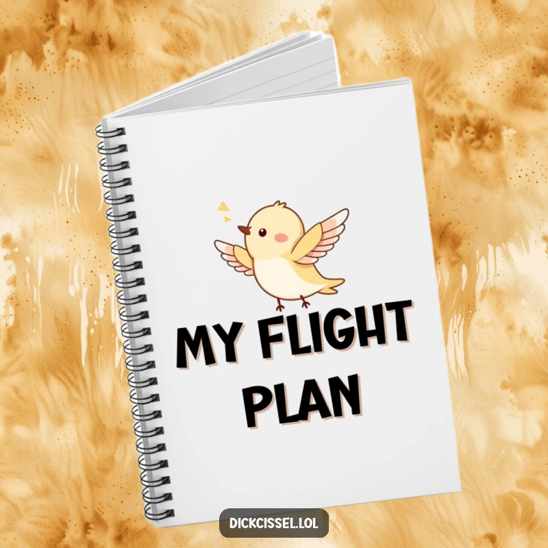 Funny notebook cover showing a tiny bird happily flying, wings spread wide, inspiring creative thoughts. Stationery gift.