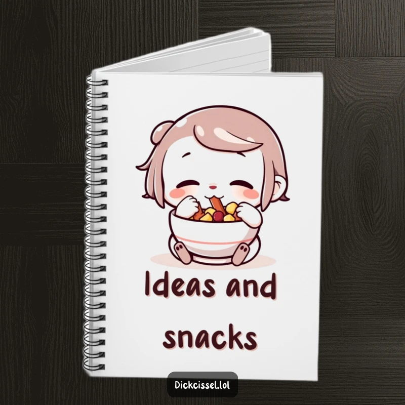 Funny character with cheeks stuffed full of snacks from a bowl, on a notebook cover, inspiring thoughts about delicious treats.