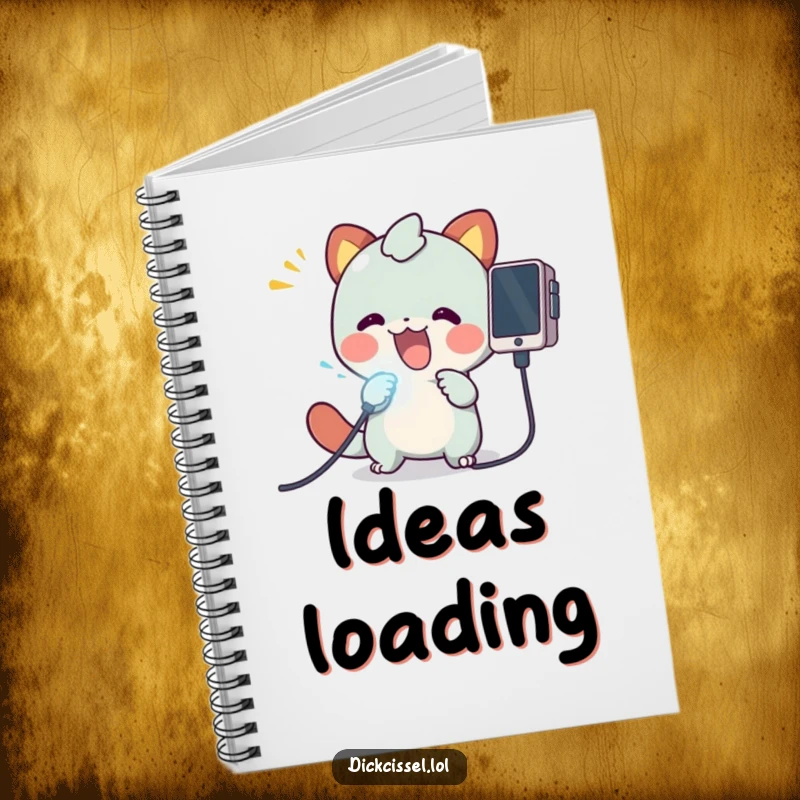 Funny notebook cover featuring a creature happily plugging a bright, glowing cable into a device, symbolizing inspiration and ideas.