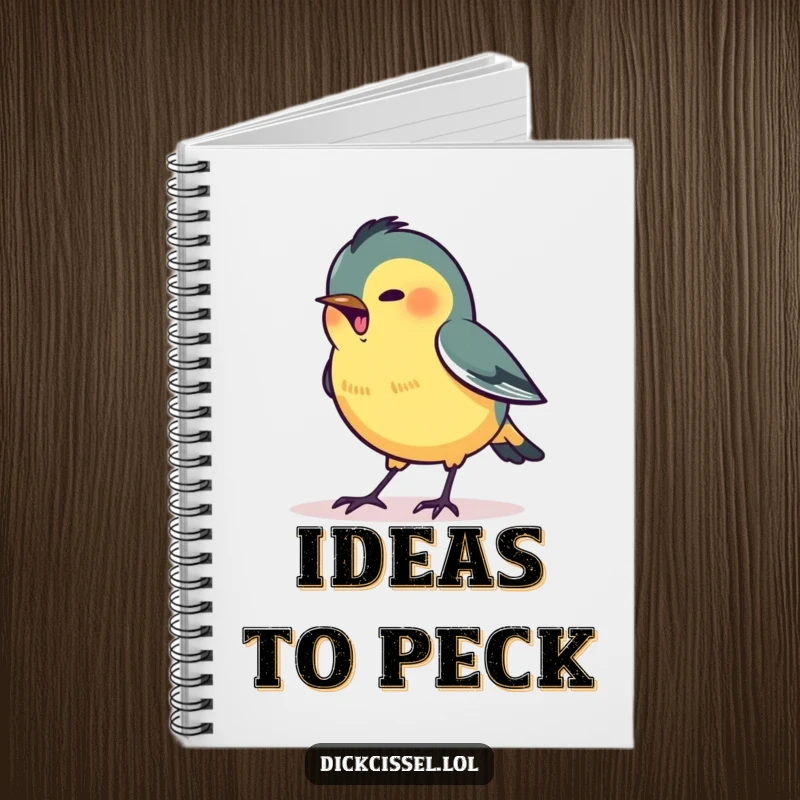 Funny notebook cover featuring a stylized dickcissel bird excitedly pecking at a tiny, glowing dot.