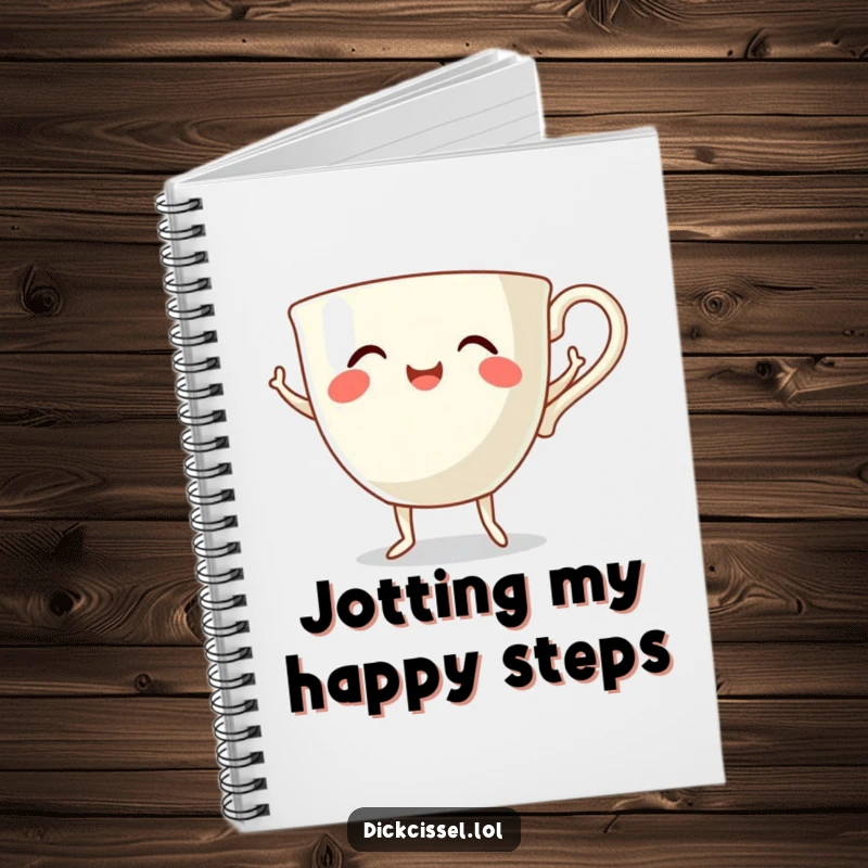 Funny dancing teacup notebook with a smiling teacup on tiny legs doing a happy dance, perfect for creative writing.