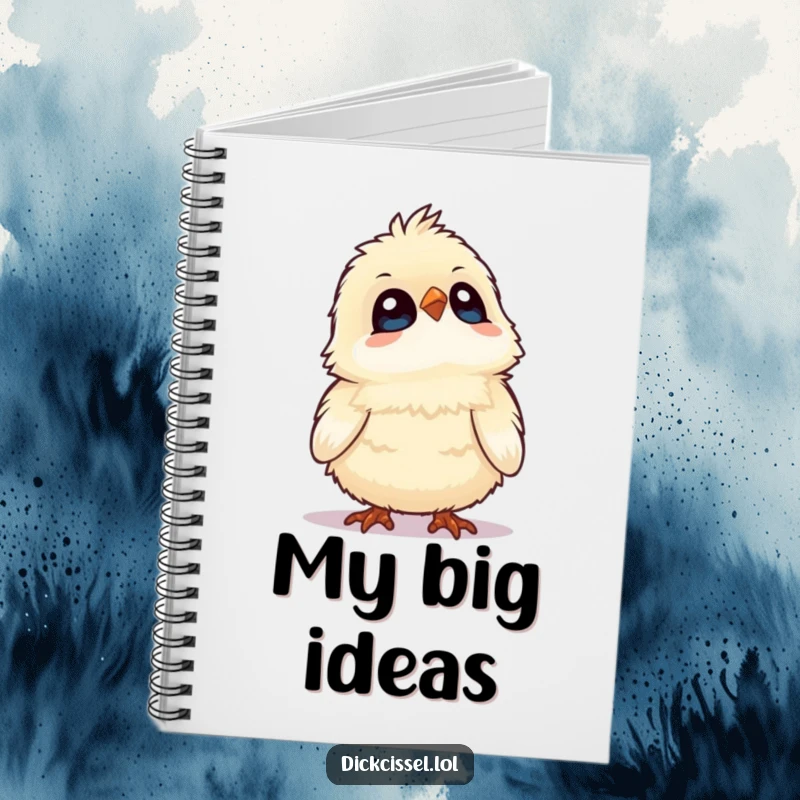 Funny notebook with a fluffy bird gazing upwards in wonder, perfect for jotting down thoughts. Stationery item.