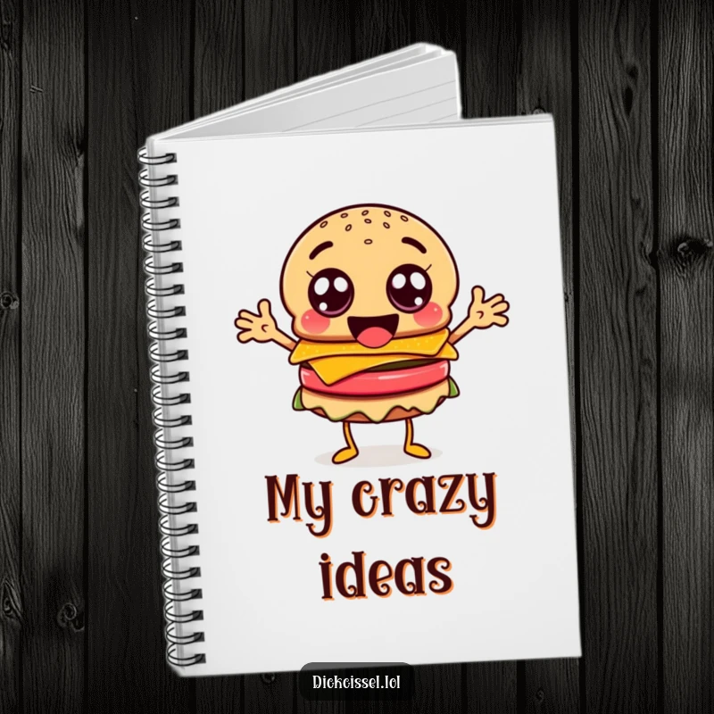 Funny burger character notebook, with googly eyes and flailing arms, for jotting ideas.