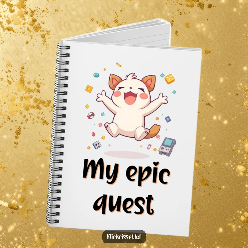 Funny creature jumping excitedly for joy, surrounded by game icons, on a notebook cover, perfect for planning gaming strategies.