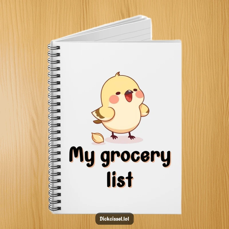 Funny notebook with a small bird focused on pecking an unseen seed, inspiring note-taking. Stationery item.