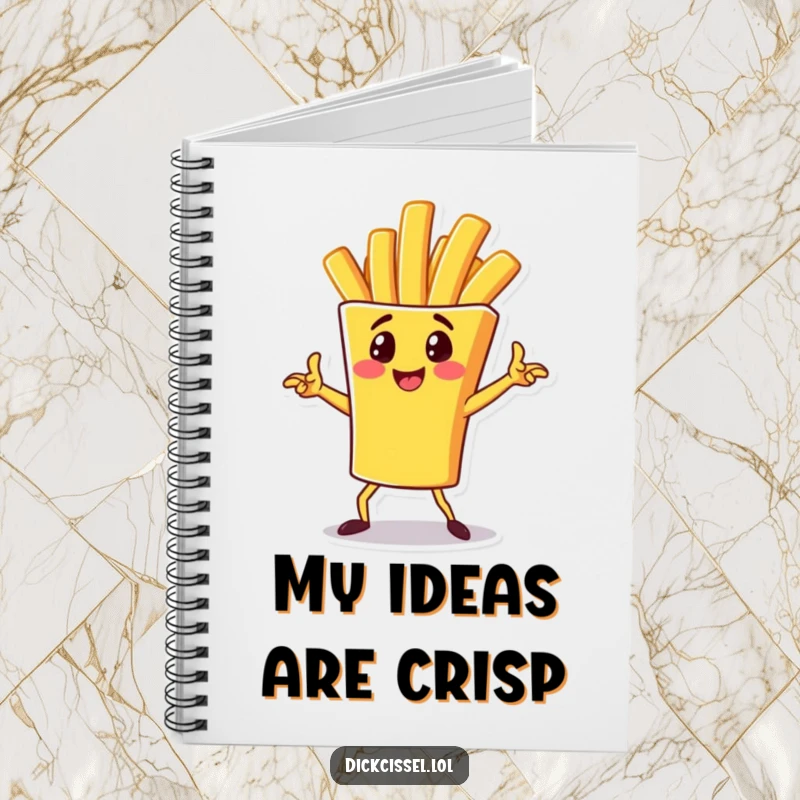 Funny Notebook featuring a cheerful french fry character in a dynamic pose, ideal for jotting down notes with a playful, humorous touch.