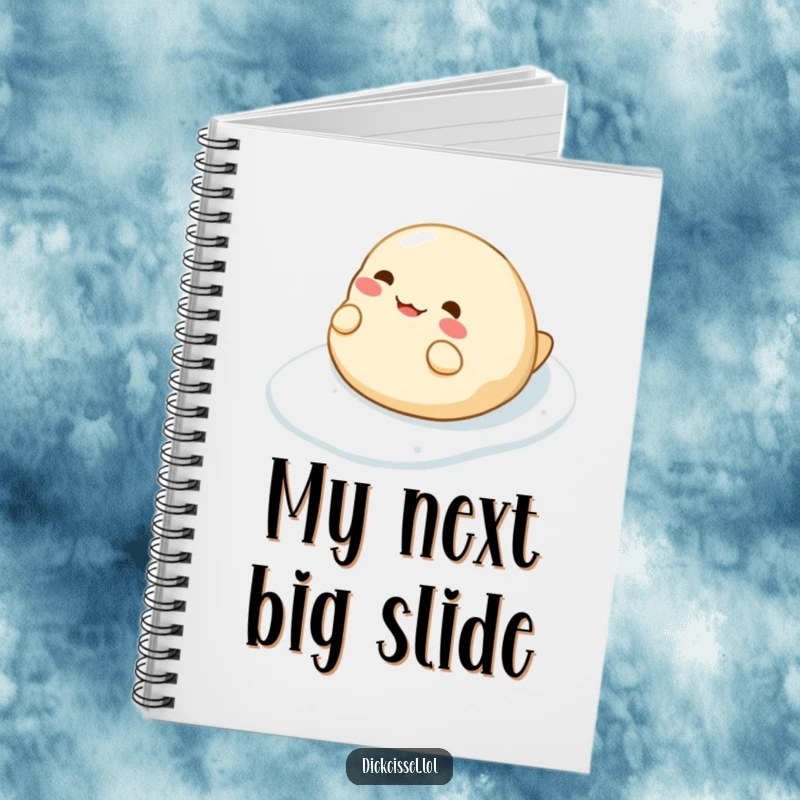 Funny notebook cover with a cheerful dumpling character on a slippery slide, inspiring creative writing and doodles.