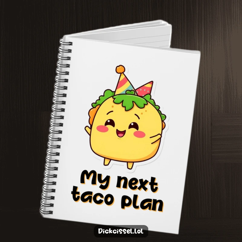 Funny taco character notebook with a party hat, celebrating joyfully, inspiring fun notes.