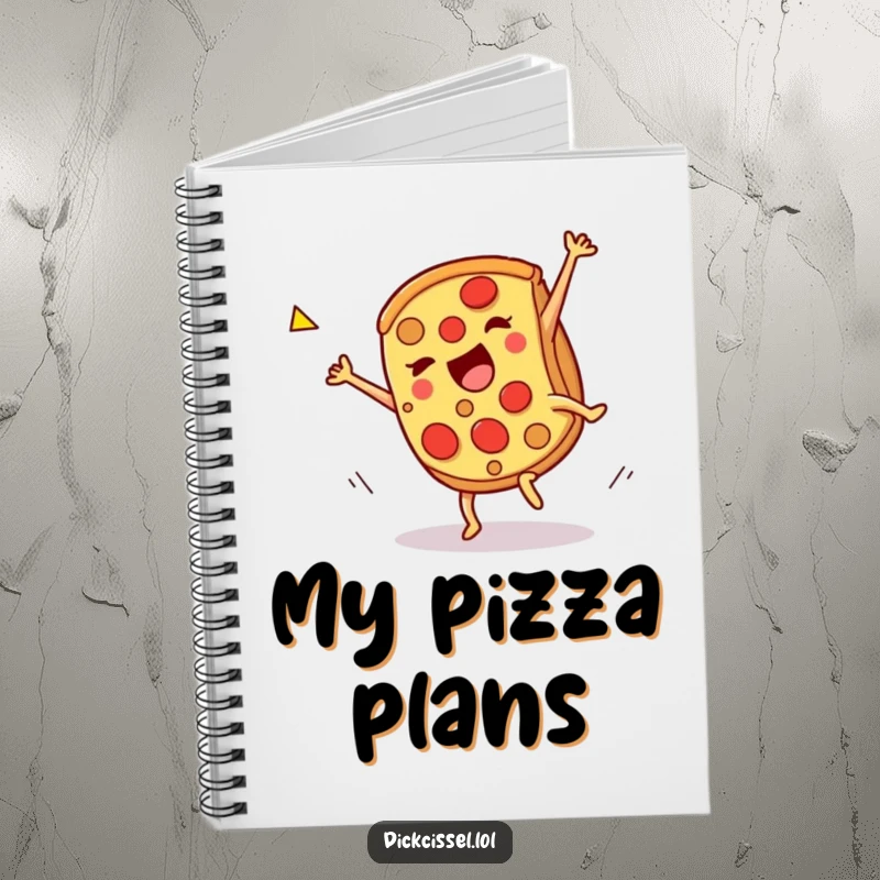 Funny pizza cartwheel notebook, a slice doing a celebratory spin, perfect for jotting notes or brainstorming. A fun and functional stationery item.