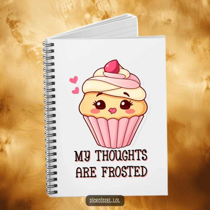 Funny Notebook with a cute cupcake character blowing a kiss of frosting, ideal for jotting down notes with a sweet, humorous touch.