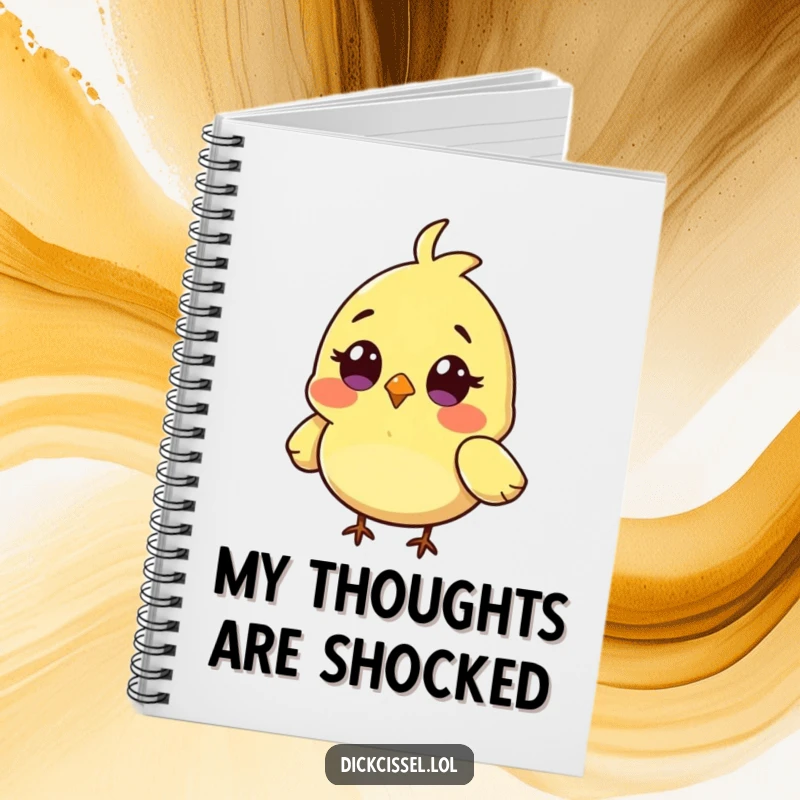 Funny notebook cover displaying a tiny bird character with a comically surprised look and wings slightly askew.
