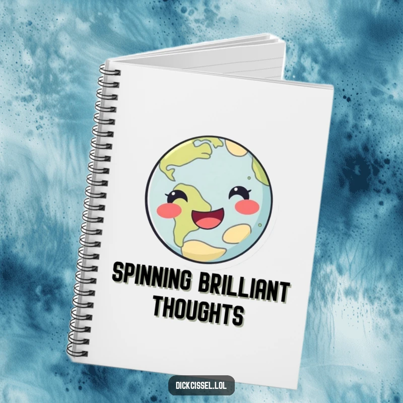 Funny happy planet notebook with a smiling planet doing a playful spin, for jotting down cosmic ideas.